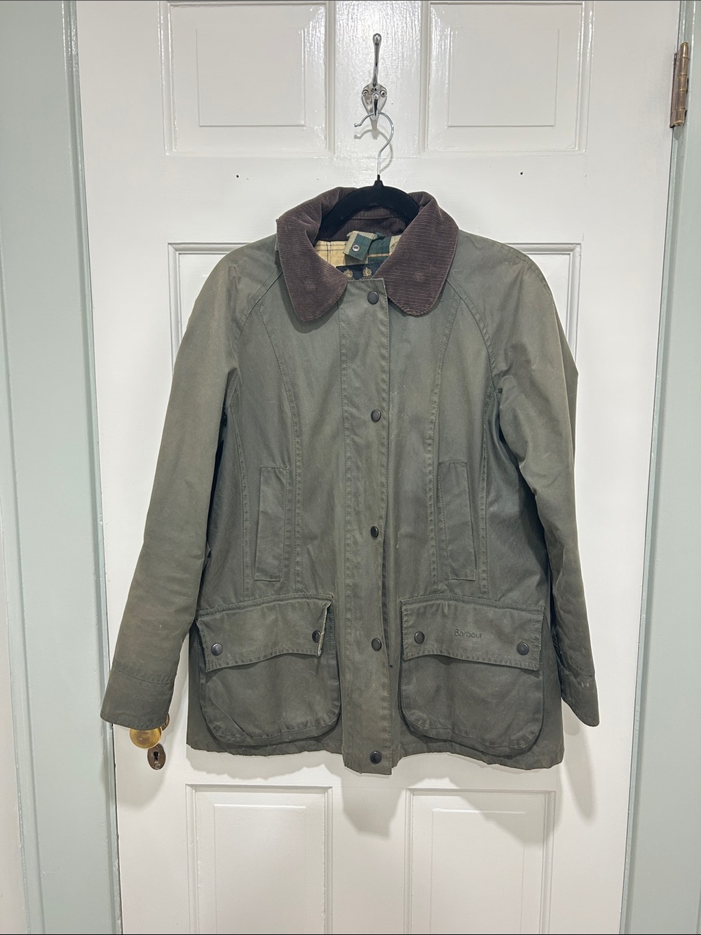 Barbour Olive Green Waxed Cotton Utility Jacket with Brown Corduroy Collar
